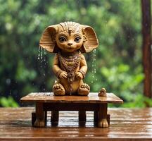 ai generiert hölzern Elefant Statue auf hölzern Tabelle mit Regen fallen auf Hintergrund. foto