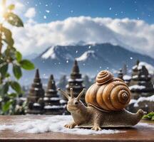 ai generiert Garten Schnecke auf Schnee und ein hölzern Terrasse mit Berg Hintergrund. foto