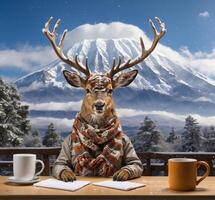 ai generiert komisch Hirsch mit Schal und Tasse von Kaffee Sitzung beim das Tabelle mit Berg Hintergrund foto