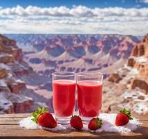 ai generiert Brille von frisch Erdbeere Smoothies auf hölzern Tabelle im großartig Schlucht, Arizona, USA foto