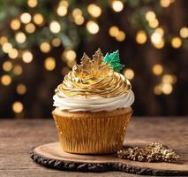 ai generiert Cupcake mit golden Blatt auf hölzern Tabelle mit Weihnachten Beleuchtung im Hintergrund foto