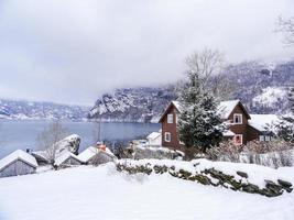 schöne idyllische aussicht vom dorf zum fjord in framfjorden norwegen.