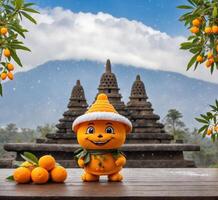 ai generiert Orange Maskottchen Charakter und Mandarin Orangen auf hölzern Tabelle im Kathmandu, Nepal foto
