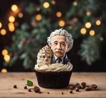 ai generiert Cupcake mit alt Mann Figur und Weihnachten Beleuchtung auf Hintergrund foto