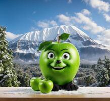 ai generiert Grün Apfel mit Smiley Gesicht und Äpfel auf hölzern Tabelle Über schneebedeckt Berg Hintergrund foto