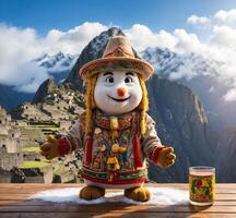 ai generiert Schneemann im das Vorderseite von machu Picchu, Peru. foto