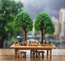 ai generiert Miniatur Spielzeug Auto und Baum mit Regen auf das hölzern Tisch. foto