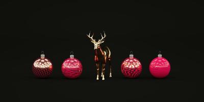 minimale dunkle weihnachtskomposition mit rotem weihnachtsspielzeug und goldenem hirsch 3d render foto