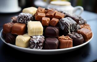 ai generiert Aussicht von schön köstlich Schokolade Süßigkeiten Essen im anders Stile auf ein Teller foto