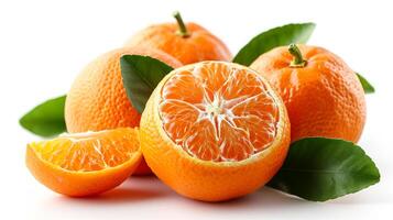 ai generiert Aussicht von köstlich frisch Obst orange, Satsuma auf ein Weiß Hintergrund foto