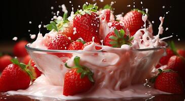 ai generiert Aussicht von schön köstlich Erdbeere Obst fallen im Milch im ein Schüssel auf ein Tabelle foto