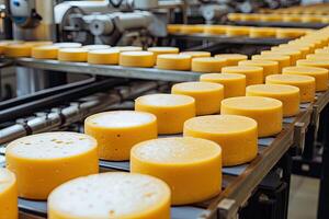 ai generiert groß Käse Räder beim Herstellung Nahaufnahme. ein Käse Molkerei im ein Warenhaus mit Käse. foto
