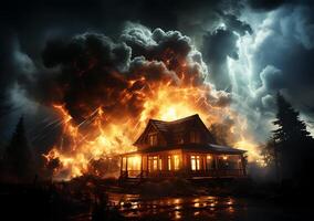 ai generiert Szene von Feuer mit Blitz im ein Haus foto