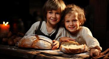 ai generiert köstlich Brot Snack Rezept mit zwei Kinder und ein schön Aussicht von Spaß Essen foto