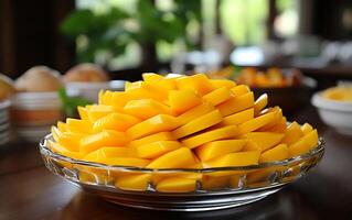 ai generiert köstlich bunt Süss Mango Scheiben Das sind ein Sicht zu erblicken foto