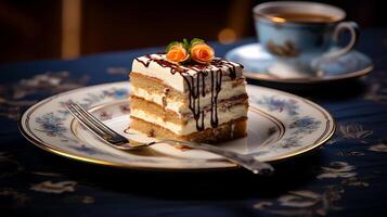 ai generiert Aussicht von ein Essen Restaurant hat ein schön köstlich Tiramisu bunt Kuchen auf ein Teller foto