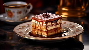 ai generiert Aussicht von ein Essen Restaurant hat ein schön köstlich Tiramisu bunt Kuchen auf ein Teller foto