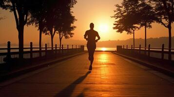 ai generiert Silhouette von ein Mann Laufen Joggen im das Morgen. Mann Fitness Silhouette Sonnenaufgang Joggen trainieren Wellness Konzept. foto
