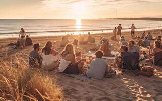 ai generiert Gruppe von glücklich jung Menschen beim das Strand auf schön Sommer- Sonnenuntergang. generativ ai foto