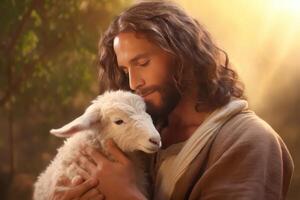 ai generiert ein Bibel Jesus Schäfer mit seine Herde von Schaf während Sonnenuntergang. generativ ai foto