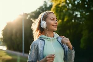 ai generiert jung schön Frau Hören Musik- Laufen im Stadt Straße. generativ ai foto