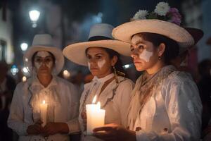 ai generiert drei Frauen mit catrina Kostüme und mit Schädel bilden halten Kerzen beim das Parade zum dia de los Muertos, neural Netzwerk generiert Bild foto