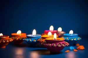 ai generiert glücklich Diwali - - Lehm Diya Lampen zündete auf Blau Hintergrund während Diwali Feier, neural Netzwerk generiert fotorealistisch Bild foto