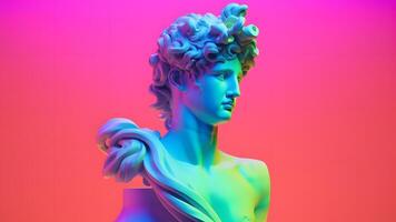 ai generiert Weiß Skulptur von ein abstrakt griechisch Gottheit hell zündete mit Neon- Farben, neural Netzwerk generiert Bild foto