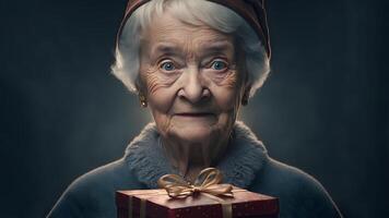 ai generiert lächelnd alt Dame mit Weihnachten Geschenk Porträt, neural Netzwerk generiert Kunst foto