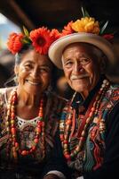 ai generiert Porträt von ein glücklich Alten Paar auf Ferien im National Kostüme. Reise foto