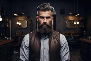 ai generiert ein Erwachsene brutal männlich Friseur mit ein Bart im formal Kleidung im ein Friseur foto