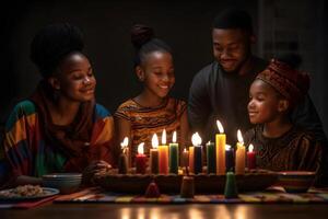 ai generiert afrikanisch Familie feiert Kwanzaa mit farbig Kerzen drinnen, neural Netzwerk generiert fotorealistisch Bild foto