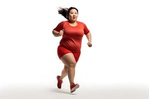 ai generiert Übergewicht asiatisch Frau Laufen auf Weiß Hintergrund, Konzept von Übergewicht und Gewicht Verlust. neural Netzwerk generiert fotorealistisch Bild foto