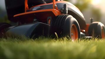 ai generiert schließen oben von Orange Rasen Mäher im Aktion auf Rasen beim sonnig Sommer- Tag, neur al Netzwerk generiert Bild foto