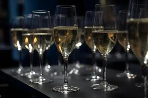 ai generiert korporativ Party funkelnd Champagner gefüllt Brille Stehen im ein Reihen auf Tabelle Oberfläche, neural Netzwerk generiert fotorealistisch Bild foto