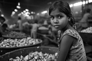 ai generiert Porträt von ein asiatisch Mädchen beim arbeiten. Kind Arbeit. schwarz und Weiß Foto