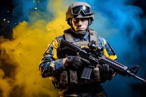 ai generiert ukrainisch Soldat im Vorderseite von ukrainisch Flagge farbig Rauch, neural Netzwerk generiert fotorealistisch Bild foto