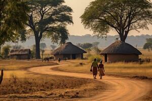 ai generiert ein afrikanisch Dorf. Menschen Gehen entlang das Straße im Afrika foto