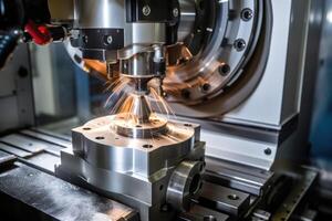 ai generiert Laser- Schneiden von Metall auf cnc Maschinen, modern industriell Technologie zum Herstellung industriell Teile. modern Metallbearbeitung foto