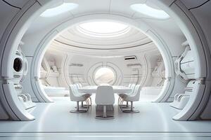 ai generiert futuristisch Weiß Mond Base Essen Zimmer Innere, neural Netzwerk generiert Bild foto