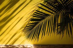ai generiert Schatten von ein Palme Blätter auf ein Gelb Wand, neural Netzwerk generiert Bild foto