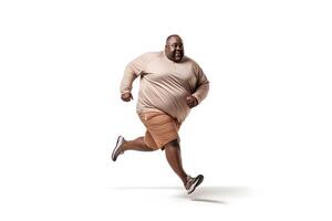 ai generiert Übergewicht afrikanisch amerikanisch Mann Laufen auf Weiß Hintergrund, Konzept von Übergewicht und Gewicht Verlust. neural Netzwerk generiert fotorealistisch Bild foto