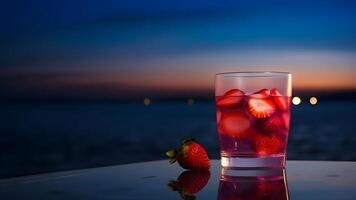 ai generiert einer Glas von Erdbeeren kalt erfrischend trinken auf Meer Hintergrund beim Sommer- Abend, neural Netzwerk generiert Bild foto