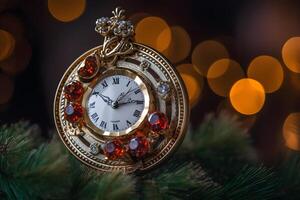 ai generiert klein Uhr mit Schmuck wie Weihnachten Baum Dekoration, neural Netzwerk generiert fotorealistisch Bild foto