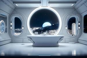 ai generiert futuristisch Weiß Mond Base gestylt Luxus Badezimmer Innere, neural Netzwerk generiert Bild foto