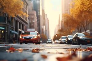 ai generiert amerikanisch Innenstadt Straße Aussicht beim Herbst Morgen , neural Netzwerk generiert Bild foto