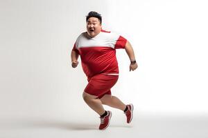 ai generiert Übergewicht asiatisch Mann Laufen auf Weiß Hintergrund, Konzept von Übergewicht und Gewicht Verlust. neural Netzwerk generiert fotorealistisch Bild foto