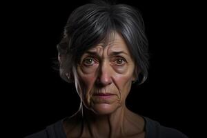 ai generiert Senior kaukasisch Frau Porträt auf schwarz Hintergrund. neural Netzwerk generiert fotorealistisch Bild foto