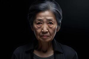 ai generiert reifen asiatisch Frau Porträt auf schwarz Hintergrund. neural Netzwerk generiert fotorealistisch Bild foto