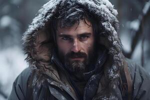 ai generiert kaukasisch jung Erwachsene Mann hat verloren im Wald beim schneebedeckt Winter Tag, neural Netzwerk generiert fotorealistisch Bild foto